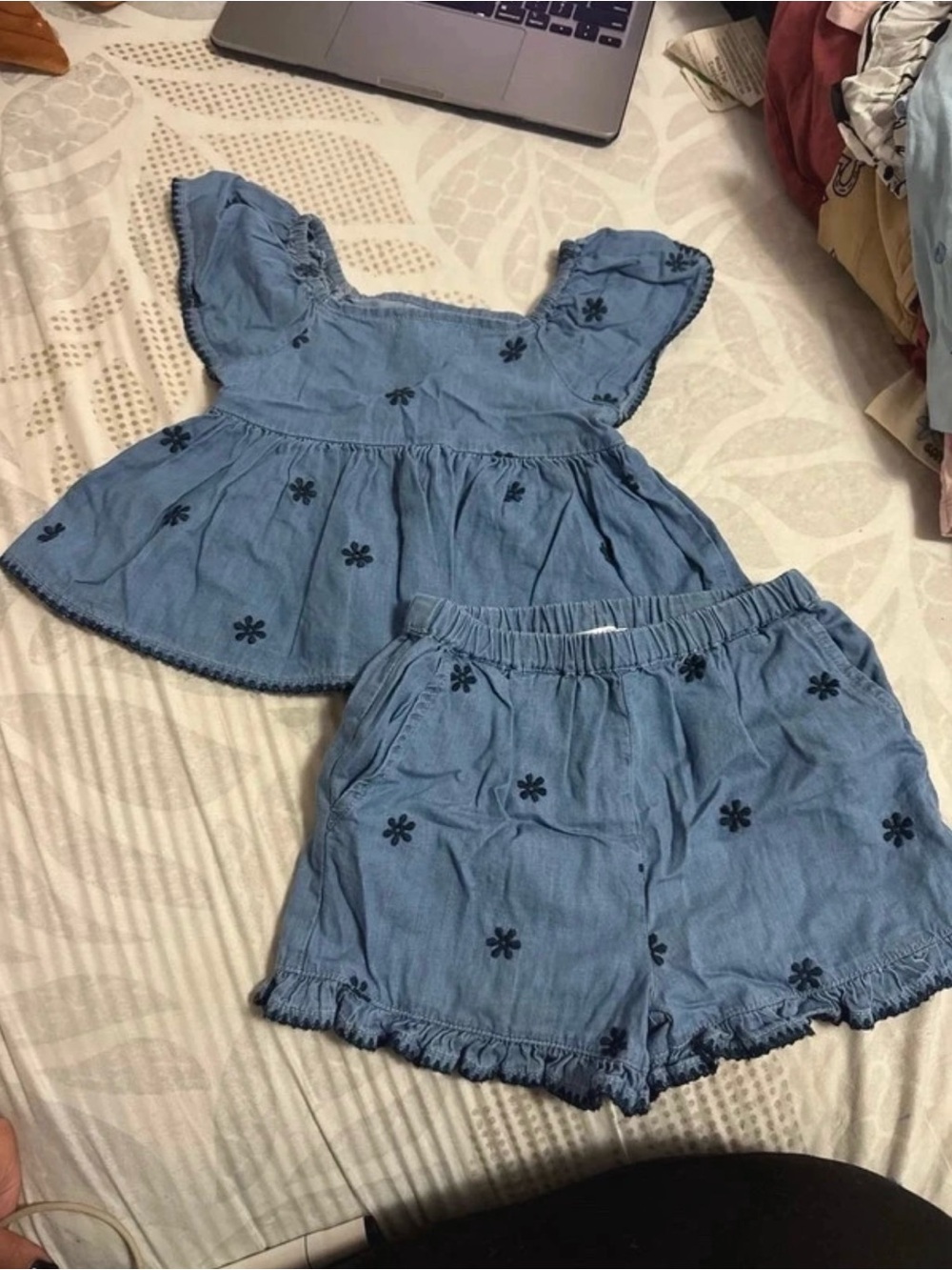 Primark Light Blue Floral-Embroidered Matching Shorts Set